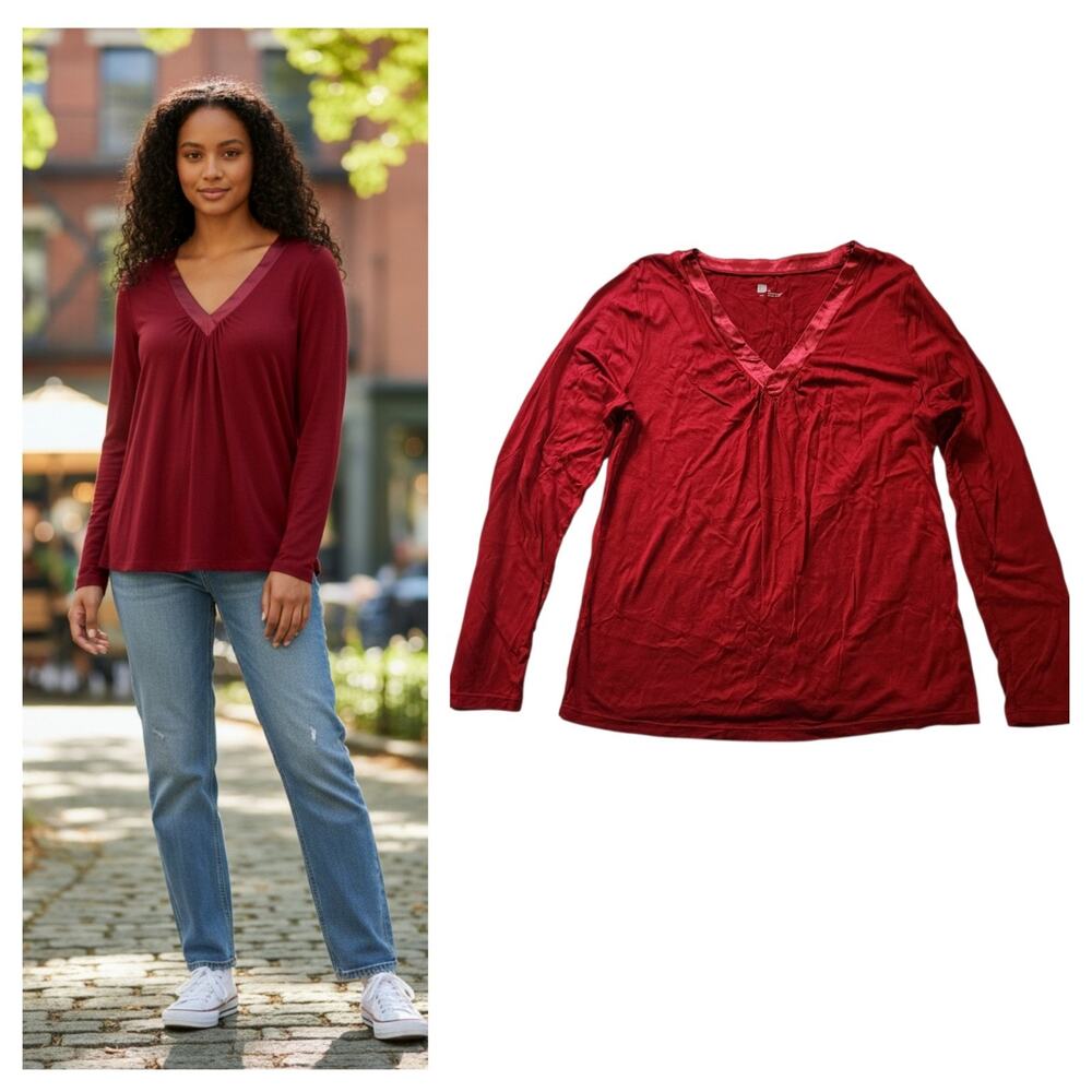 Gap Womens Slinky Stretch Top Size XL Red Pleated V-Neck Long Sleeve Tee